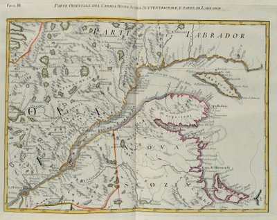 Den østlige delen av Canada, nordlige Nova Scotia og en del av Labrador, gravering av G. Zuliani hentet fra Tome I av "Newest Atlas" utgitt i Venezia i 1778 av Antonio Zatta, Private Collection av G. Zuliani