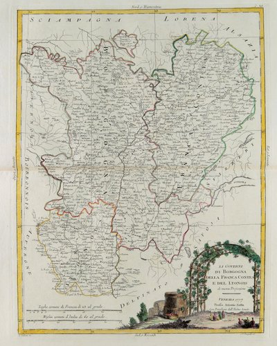 Styringer av Bourgogne, Franca Contea og Lyons, gravering av G. Zuliani hentet fra Tome I of the Newest Atlas publisert i Venezia i 1777 av Antonio Zatta, Privat samling av G. Zuliani