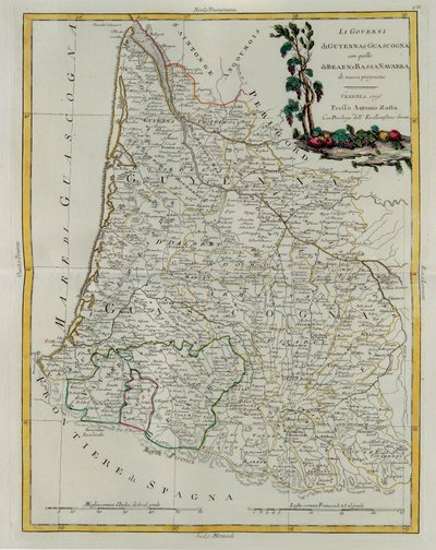 Styringen av Guyenne og Gascogne med Bearn og Nedre Navarre, gravering av G. Zuliani hentet fra Tome I of the Newest Atlas publisert i Venezia i 1776 av Antonio Zatta, Private Collection av G. Zuliani