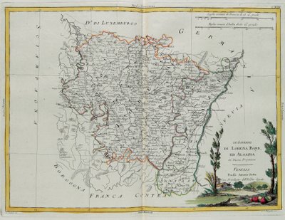 Styringene i Lorraine, Barr og Alsace, gravering av G. Zuliani hentet fra Tome I av "Newest Atlas" utgitt i Venezia av Antonio Zatta, privat samling av G. Zuliani