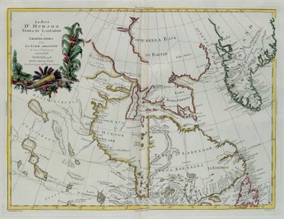 Hudson Bay, Land of Labrador og Grønland med de tilstøtende øyene, gravering av G. Zuliani hentet fra Tome I av "Newest Atlas" publisert i Venezia i 1778 av Antonio Zatta, Private Collection av G. Zuliani