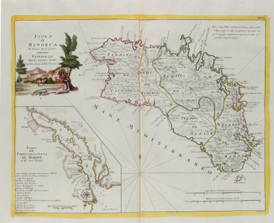 Øya Minorca og planen for havnen og byen Mahon og dens forter, gravering av G. Zuliani hentet fra Tome I av "Newest Atlas" publisert i Venezia i 1778 av Antonio Zatta, Private Collection av G. Zuliani