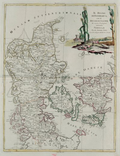 Kongeriket Danmark med hertugdømmet Slesvik, gravering av G. Zuliani hentet fra Tome III av "Newest Atlas" publisert i Venezia i 1781 av Antonio Zatta, Privat samling av G. Zuliani