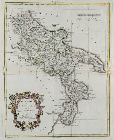 Kongeriket Napoli delt inn i sine provinser, gravering av G. Zuliani hentet fra Tome II av "Newest Atlas" utgitt i Venezia i 1781 av Antonio Zatta, Private Collection av G. Zuliani
