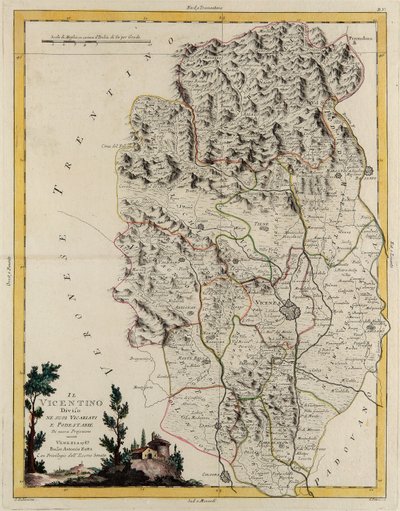 Landområde i delstaten Veneto: området av Vicenza delt inn i bispedømmer og magistrater, gravering av G. Zuliani hentet fra Tome II av "Nyeste atlas" utgitt i Venezia i 1782 av Antonio Zatta, privat samling av G. Zuliani
