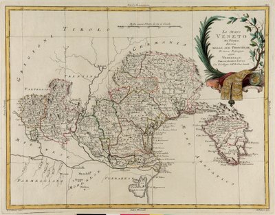 Landområde i staten Veneto, delt inn i sine provinser, gravering av G. Zuliani hentet fra Tome II av "Nyeste atlas" utgitt i Venezia i 1782 av Antonio Zatta, privat samling av G. Zuliani