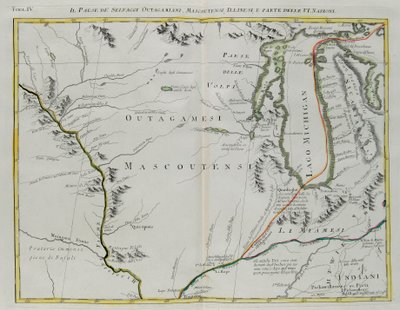 Land of Outagamie, Mascoutin, Illinois-indianere og en del av Six Nations, gravering av G. Zuliani hentet fra Tome I av "Newest Atlas" utgitt i Venezia i 1778 av Antonio Zatta, Private Collection av G. Zuliani