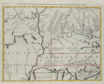 Land of the Cherokees med den vestlige delen av North Carolina og Virginia, gravering av G. Zuliani hentet fra Tome I av "Newest Atlas" utgitt i Venezia i 1778 av Antonio Zatta, Private Collection av G. Zuliani