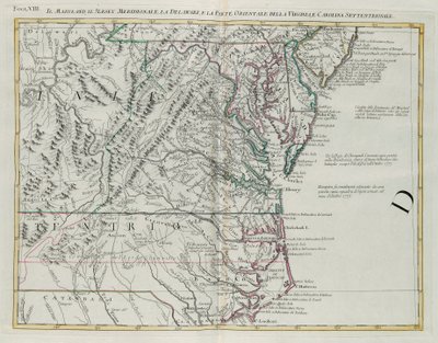 Maryland, sørlige New Jersey, Delaware og den østlige delen av Virginia og North Carolina, gravering av G. Zuliani hentet fra Tome I av "Newest Atlas" utgitt i Venezia i 1778 av Antonio Zatta, Private Collection av G. Zuliani