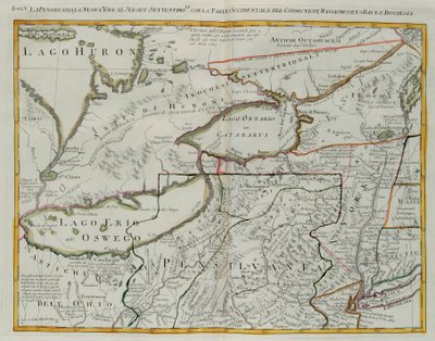 Pennsylvania, New York, sørlige New Jersey, med den vestlige delen av Connecticut, Massachusetts Bay og Land of the Iroquois, gravering av G. Zuliani hentet fra Tome I av "Newest Atlas" utgitt i Venezia i 1778 av Antonio Zatta, Private Collection av G. Zuliani