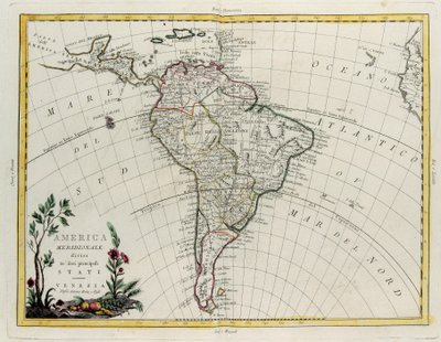 Sør-Amerika delt inn i sine hovedstater, gravering av G. Zuliani hentet fra Tome IV av "Newest Atlas" utgitt i Venezia av Antonio Zatta, Private Collection av G. Zuliani