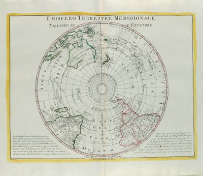 Jordens sørlige halvkule kuttet ved ekvator, gravering av G. Zuliani hentet fra Tome I of the Newest Atlas publisert i Venezia i 1779 av Antonio Zatta av G. Zuliani