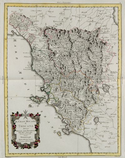 Storhertugdømmet Toscana delt inn i sine provinser, gravering av G. Zuliani hentet fra Tome II av "Newest Atlas" utgitt i Venezia i 1783 av Antonio Zatta, Private Collection av G. Zuliani