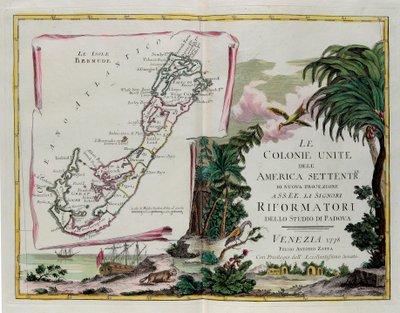 Øyene i Bermuda og fronten av delen dedikert til De forente kolonier i Nord-Amerika, gravering av G. Zuliani hentet fra Tome I av "Newest Atlas" utgitt i Venezia i 1778 av Antonio Zatta, Private Collection av G. Zuliani