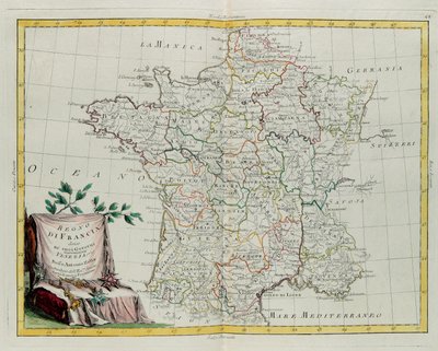 Kongeriket Frankrike delte seg inn i sine styresett, gravering av G. Zuliani hentet fra Tome I of the Newest Atlas publisert i Venezia i 1776 av Antonio Zatta, Private Collection av G. Zuliani