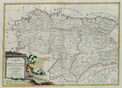 Kongedømmene Galicia, Asturies, Leon, Castilla Vieja med rådet i Biscallia, gravering av G. Zuliani hentet fra Tome I of the Newest Atlas publisert i Venezia i 1776 av Antonio Zatta, Priva av G. Zuliani