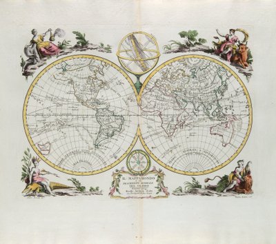 Verdenskart og en generell beskrivelse av kloden, gravering av G. Zuliani hentet fra Tome I of the Newest Atlas publisert i Venezia i 1774 av Antonio Zatta av G. Zuliani