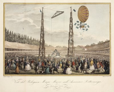 Flight of the Bolognese Muzio Muzzi (1809-46) i Airship Retirremiga, 1838 av G. after Meloni