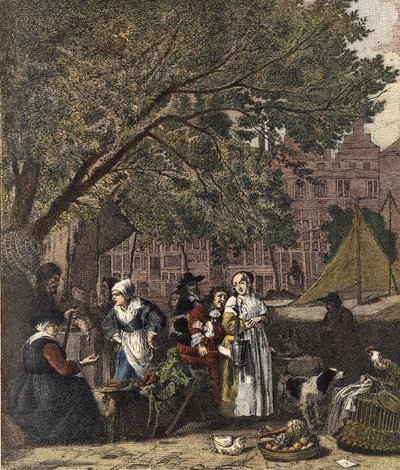 Amsterdam Urtemarked. Gravering 1800-tallet etter maleriet av Gabriel Metsu (1629-1667). av Gabriel (after) Metsu