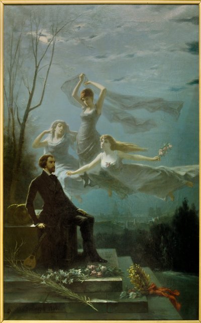 Romantikk: "The Nights of Musset"" Den franske poeten Alfred de Musset (1810-1857) inspirerer av musene for skrivingen av "The Nights"" Maleri av Gabriel Aimable de la Foulhouze (1825-1887). 1886 Olje på lerret Clermont Ferrand (Clermont-Ferrand). Roger av Gabriel Amable de Lafoulhouze