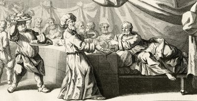 Jesus inviterte til middag med fariseeren, illustrasjon fra Lukasevangeliet, kapittel 11:37, 1728 av Gabriel Francois Louis Debrie