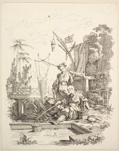 En kinesisk mann og kvinne som fisker ved en fiskedam, 1700-tallet. av Gabriel Huquier