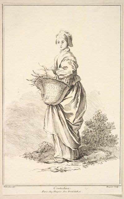 Contadina, fra Samling av forskjellige utenlandske figurer Oppfunnet av F. Boucher P...., 1700-tallet. av Gabriel Huquier