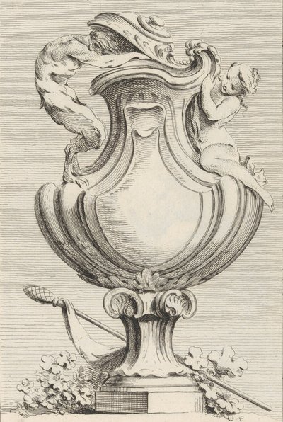 Design for en vase med en faun og en nymfe, fra Livre de Vases Book of Vases, plate 1..., 1742-50. av Gabriel Huquier