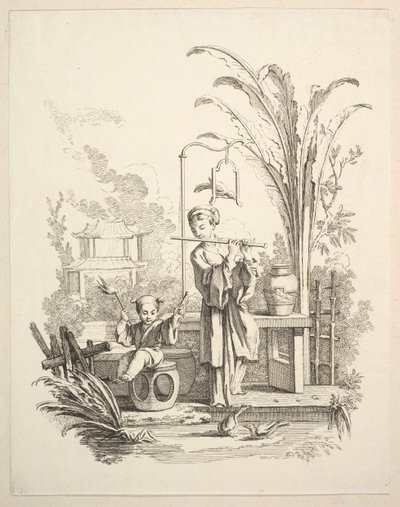 Fløytist og en barnepaukist, ca. 1742. av Gabriel Huquier