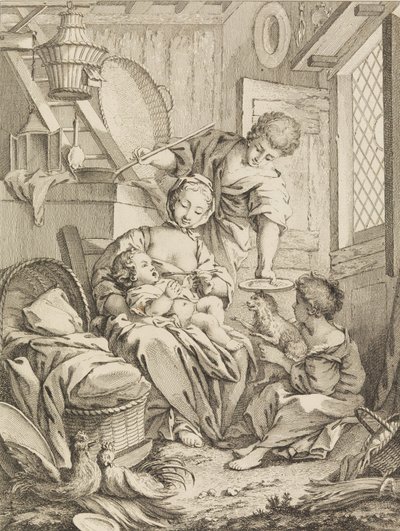 Plate 1: Ung kvinne som mater sitt spedbarn, fra Premier Livre de Subjects et Pastorales Fi..., 1720-72. av Gabriel Huquier