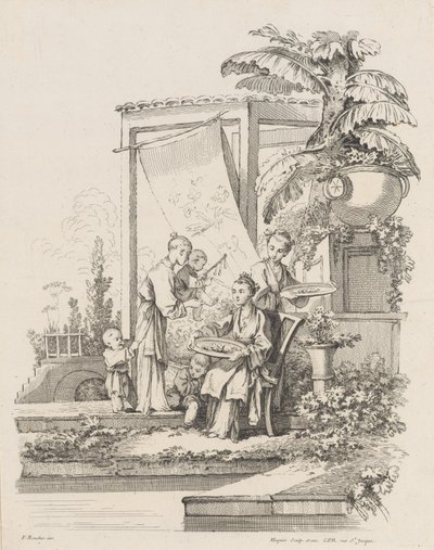 Sittende kvinne med barn og tjenere, ca. 1738-45. av Gabriel Huquier