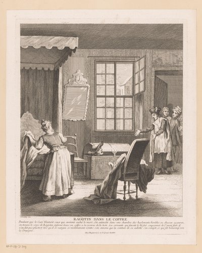 Slaapkamerinterieur møtte Ragotin i en kiste Sladder i bagasjerommet (tittel på objekt) Scener fra Roman Comique van Scarron (serietittel) av Gabriel Huquier