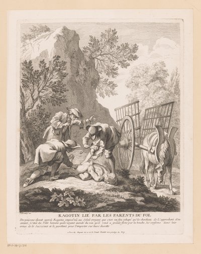 Sovende ragotin bundet og kidnappet Ragotin lié par les foreldre du fol (tittel på objekt) Scener fra Scarrons Roman Comique (serietittel) av Gabriel Huquier