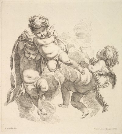 Tre barn blant skyer som bærer et draperi, 1738-45. av Gabriel Huquier