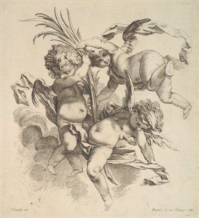 Tre barn blant skyer nær et palmeblad, 1738-45. av Gabriel Huquier