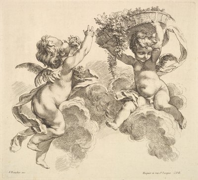 To barn, ett holder en kurv med blomster, 1738-45. av Gabriel Huquier