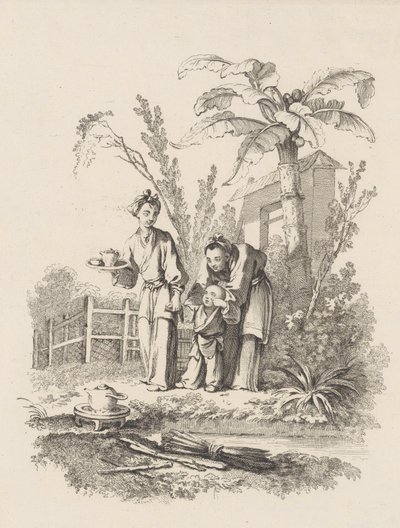 To kvinner som leder et barn mot en tekanne på et bord nær en dam, ca. 1742. av Gabriel Huquier
