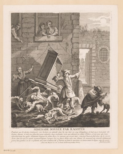 Forstyrrelse av orgelspill av gatehunder Serenade donnée par Ragotin (tittel på objekt) Scener fra Scarrons Roman Comique (serietittel) av Gabriel Huquier