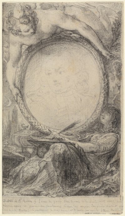 Allegorisk ramme med et geni og en tilslørt kvinne som skriver av Gabriel Jacques de Saint Aubin