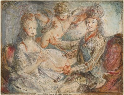 Louis XVI og Marie-Antoinette kronet av kjærlighet av Gabriel Jacques de Saint Aubin