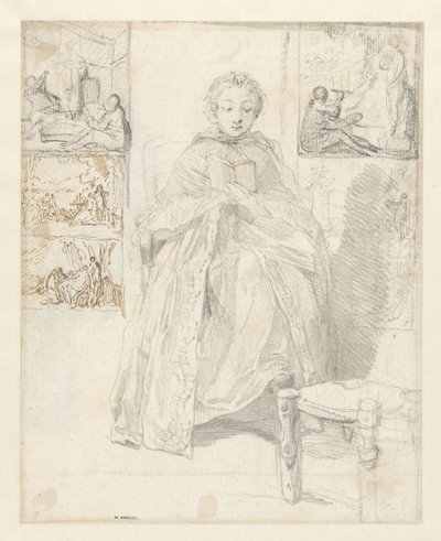 Studieark med en lesende kvinne og noen skisser av Gabriel Jacques de Saint Aubin