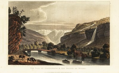 Utsikt over isbreene; alpene; foss og bro over Gadmerwasser ved Wiler; Berner Oberland Alpene, Sveits av Gabriel Ludwig (after) Lory