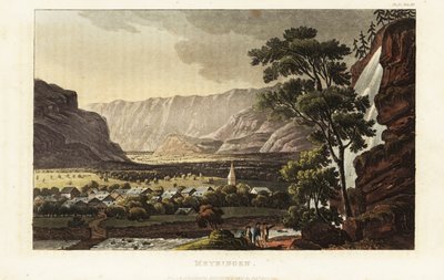 Utsikt over byen Meiringen og Reichenbach-fallene, kantonen Bern, Sveits av Gabriel Ludwig (after) Lory