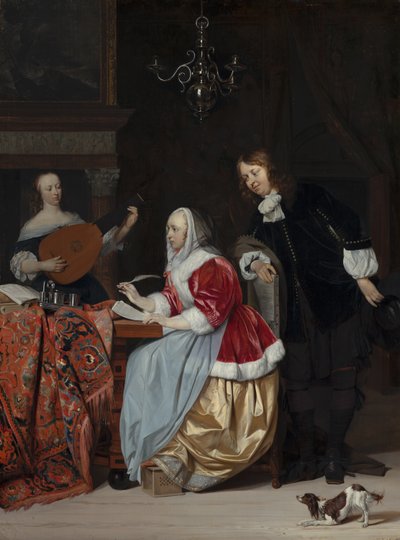 En ung kvinne som komponerer et musikkstykke av Gabriel Metsu