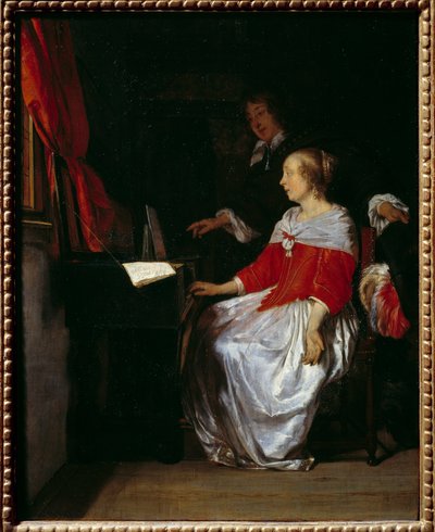 Virginals foredrag. Maleri av Gabriel Metsu (1629-1667), ec. holl. av Gabriel Metsu