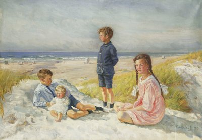 Erik, Else, Ove og Birthe Schultz på en strand av Gabriel Oluf Jensen