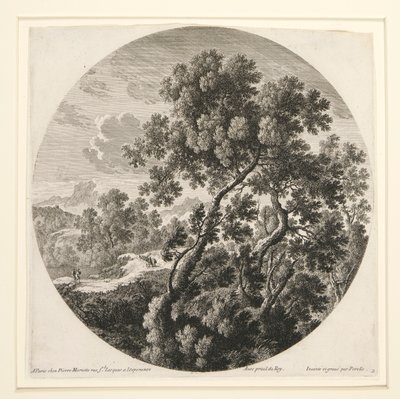 Landskap med to reisende og et slott; og Herdsman, Sheep and Cattle in a Landscape, fra et sett med seks landskap av Gabriel Perelle