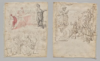 Teaterscene (rekto); Undertøysbutikk og samtale (verso) av Gabriel de Saint Aubin