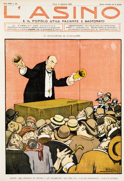 Shell-spiller, satirisk tegneserie dedikert til Giovanni Giolitti (1842-1928), fra magasinet L'Asino av 5. september 1909, Italia, 1900-tallet av Gabriele  Galantara