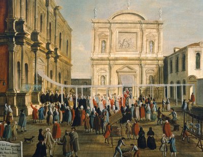 Doge og herrer i kirken San Rocco på helligdag, av Gabriel Bella (1730-1799) Olje på lerret, 92,5x145,5 cm, detalj av Gabriele Bella